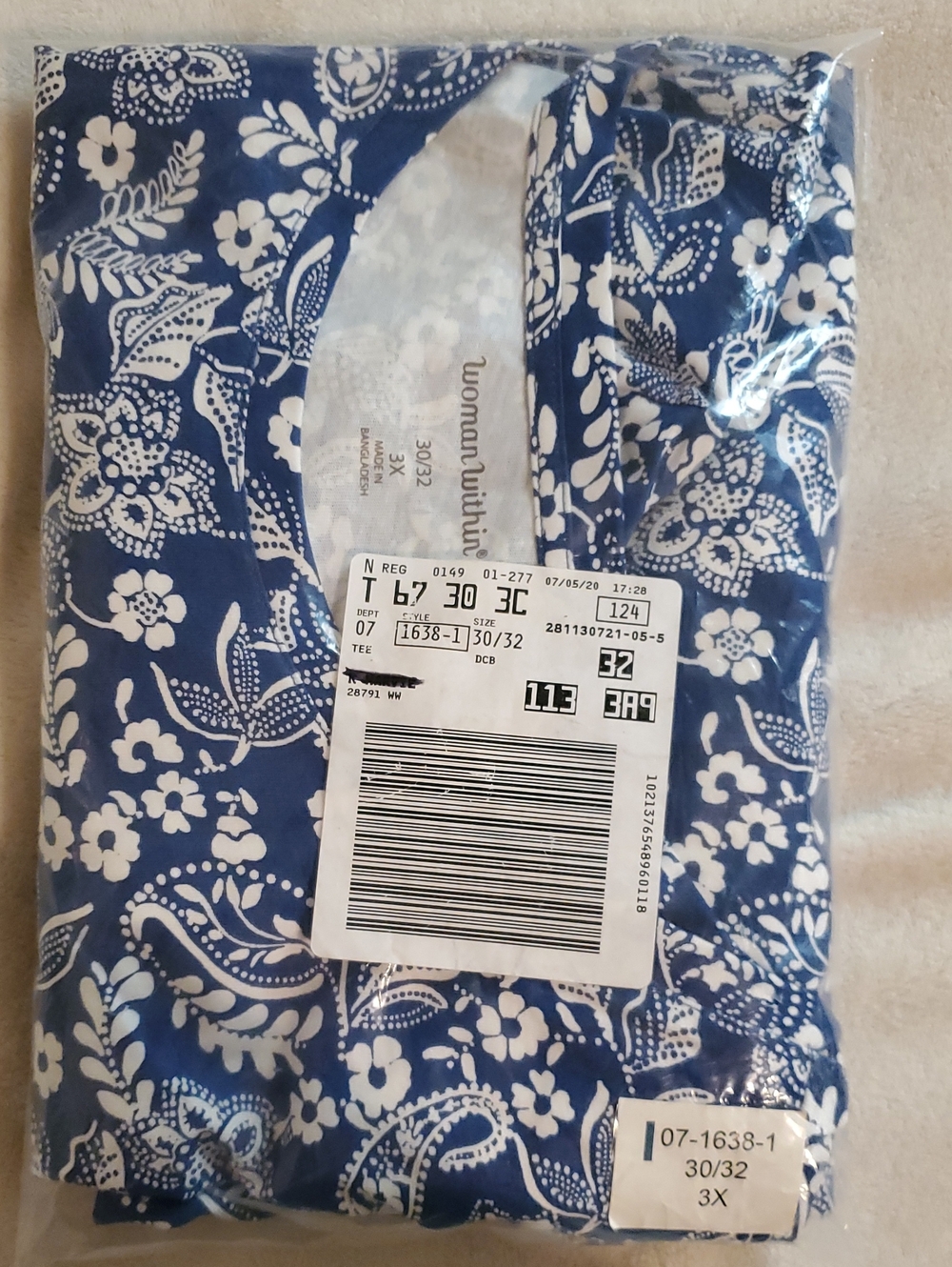Woman Within 3X Top Blue & White Floral Scoop-Neck Long Sleeve with end ties NEW - Picture 11 of 12